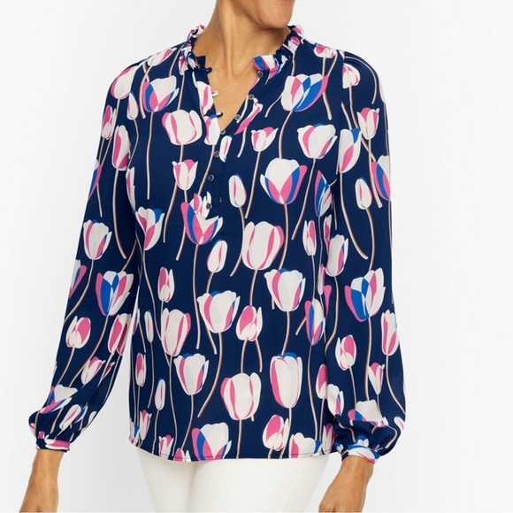 Talbots Plus Tulip Print Ruffle Neck Long Sleeve Blouse - Picture 1 of 5